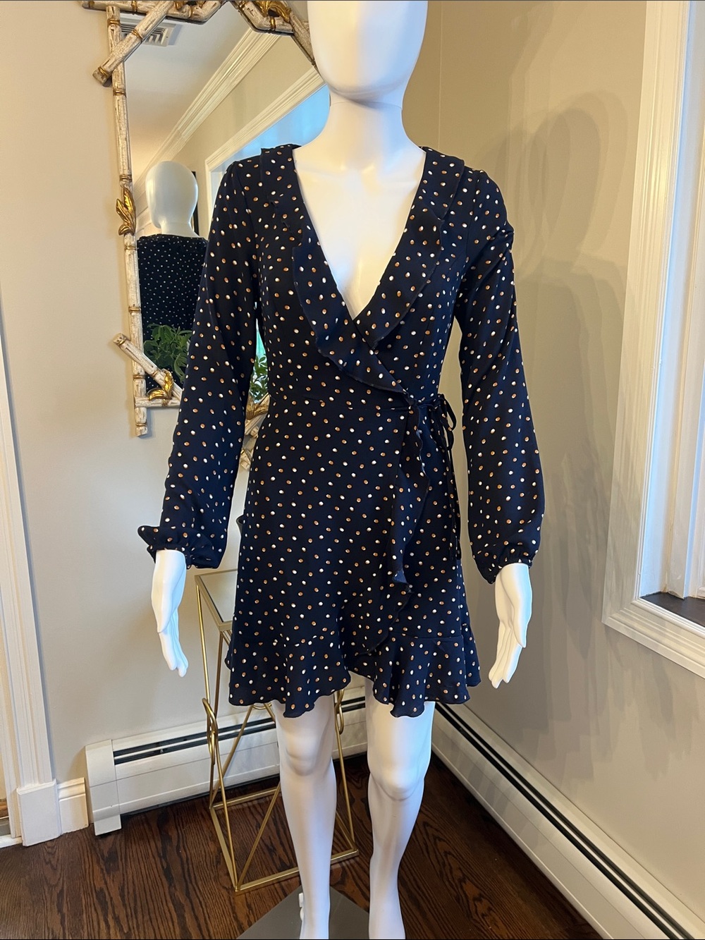 Forever 21 Navy Wrap Mini Dress with Cream Polka Dots